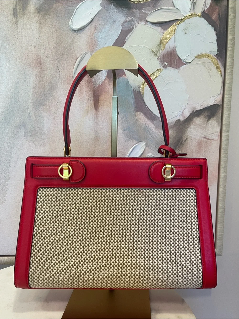 Tory Burch Radziwill Red Leather-Trim Woven Satchel - Picture 5 of 8
